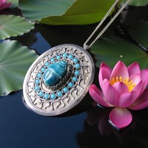 Fine Silver SCARAB Pendant, Egyptian Faience Beetle Brooch